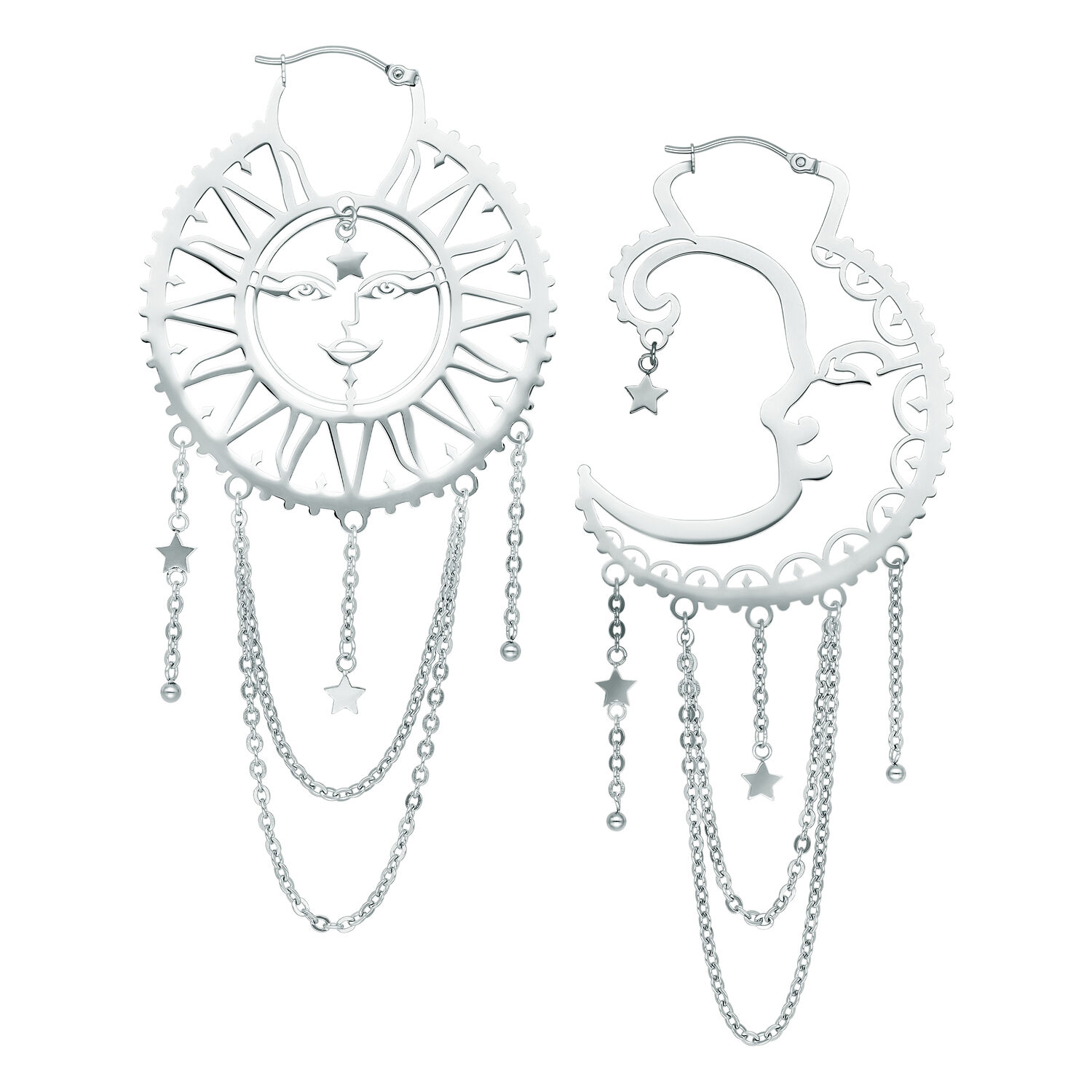 Oldschool Sun Moon Hoops en argent Boucles d'oreilles en argent en forme de soleil et de lune avec chaînes et étoiles