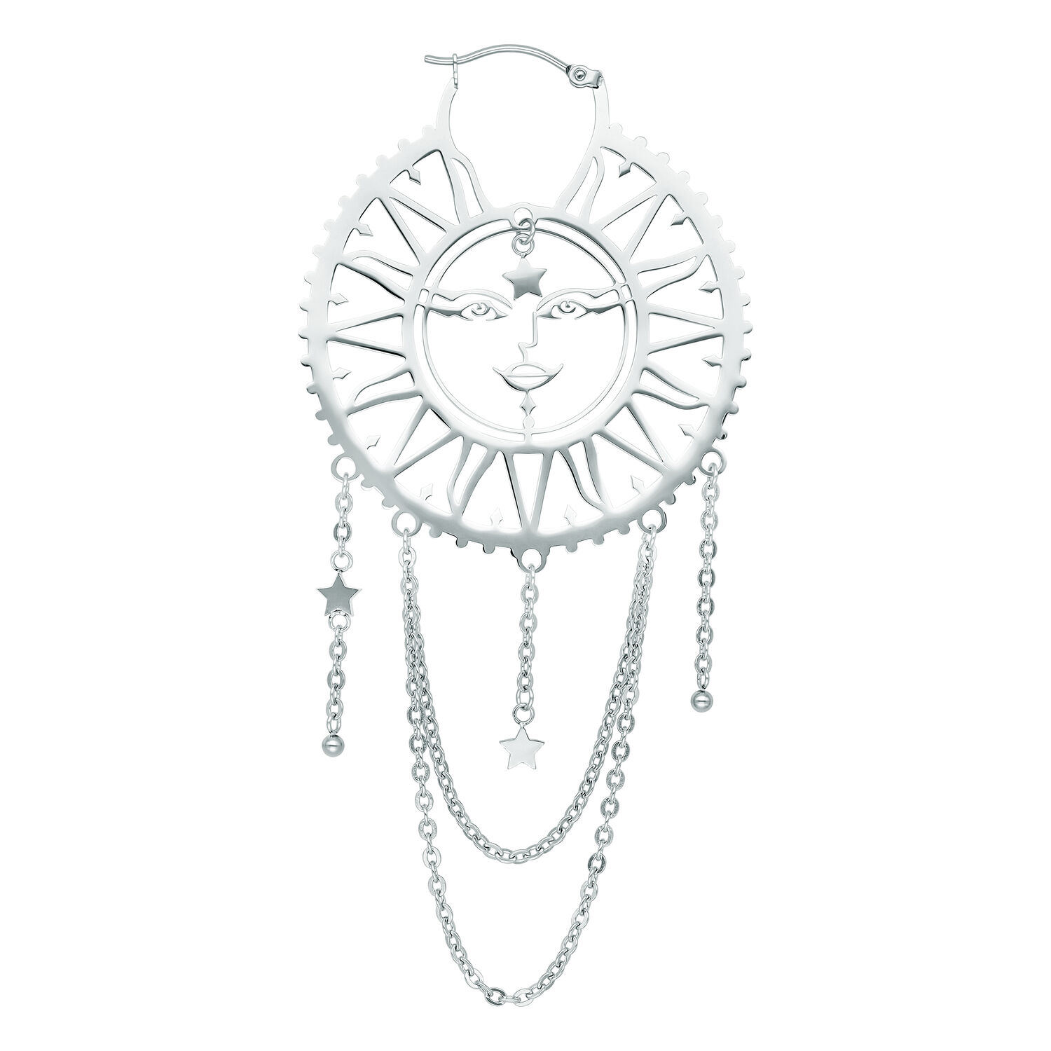 Créoles Oldschool Soleil Lune en argent Boucles d'oreilles Oldschool Soleil Lune en argent avec design soleil-lune sur fond blanc