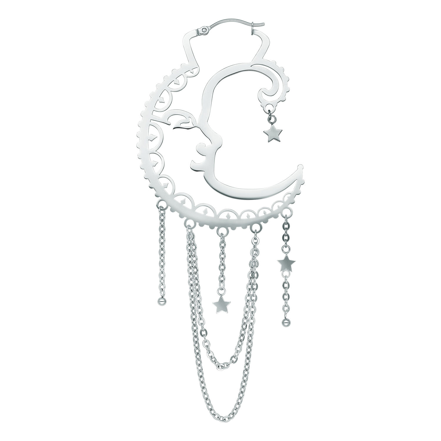Oldschool Sun Moon Hoops en argent avec pendentifs étoile Boucles d'oreilles en argent en forme de lune avec pendentifs étoile sur fond blanc
