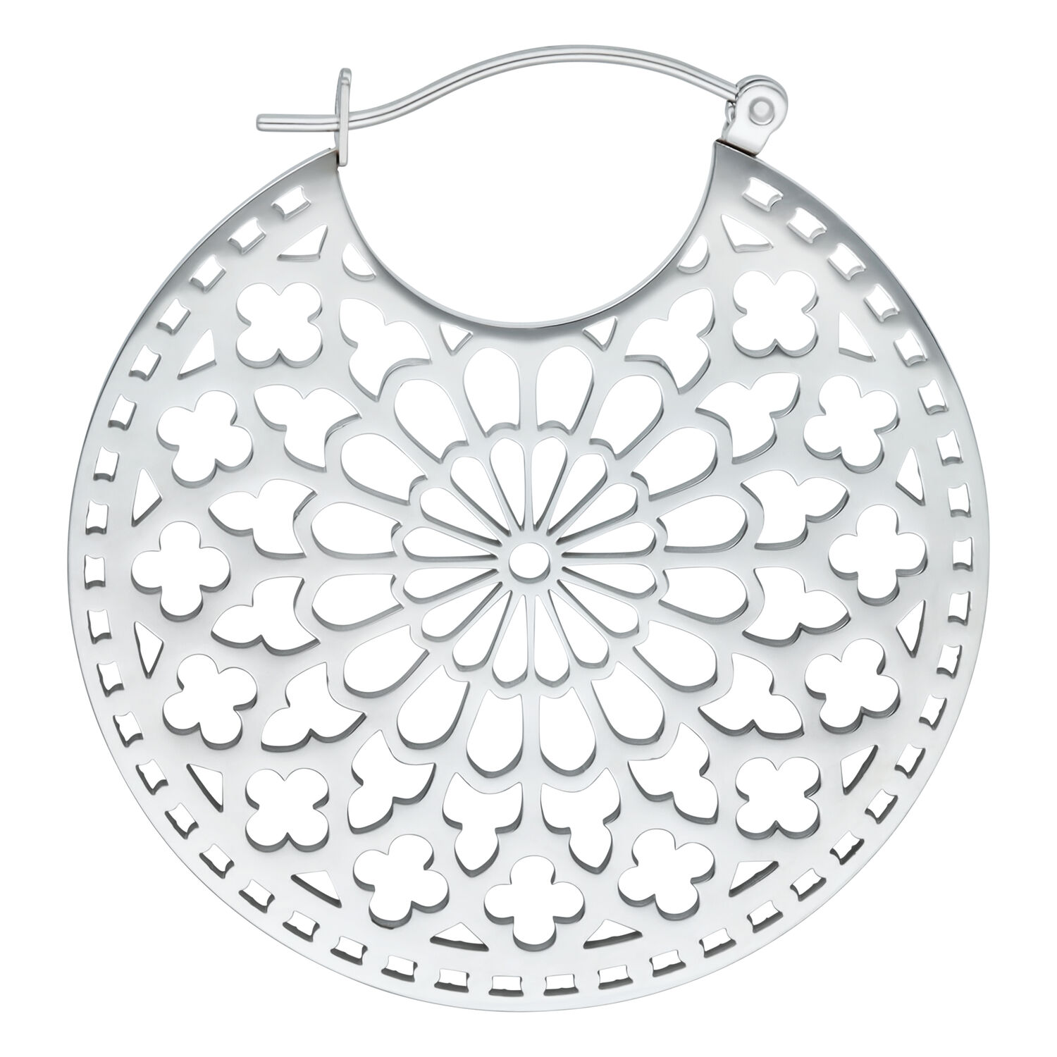 Créoles Cathédrale argentées en acier inoxydable Boucles d'oreilles argentées au design cathédrale avec motif délicat sur fond blanc