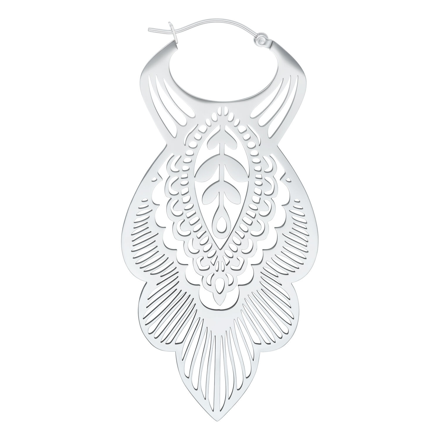 Créoles Mandala Leaf en acier inoxydable argenté Boucle d'oreille argentée avec motif feuille de mandala sur fond blanc