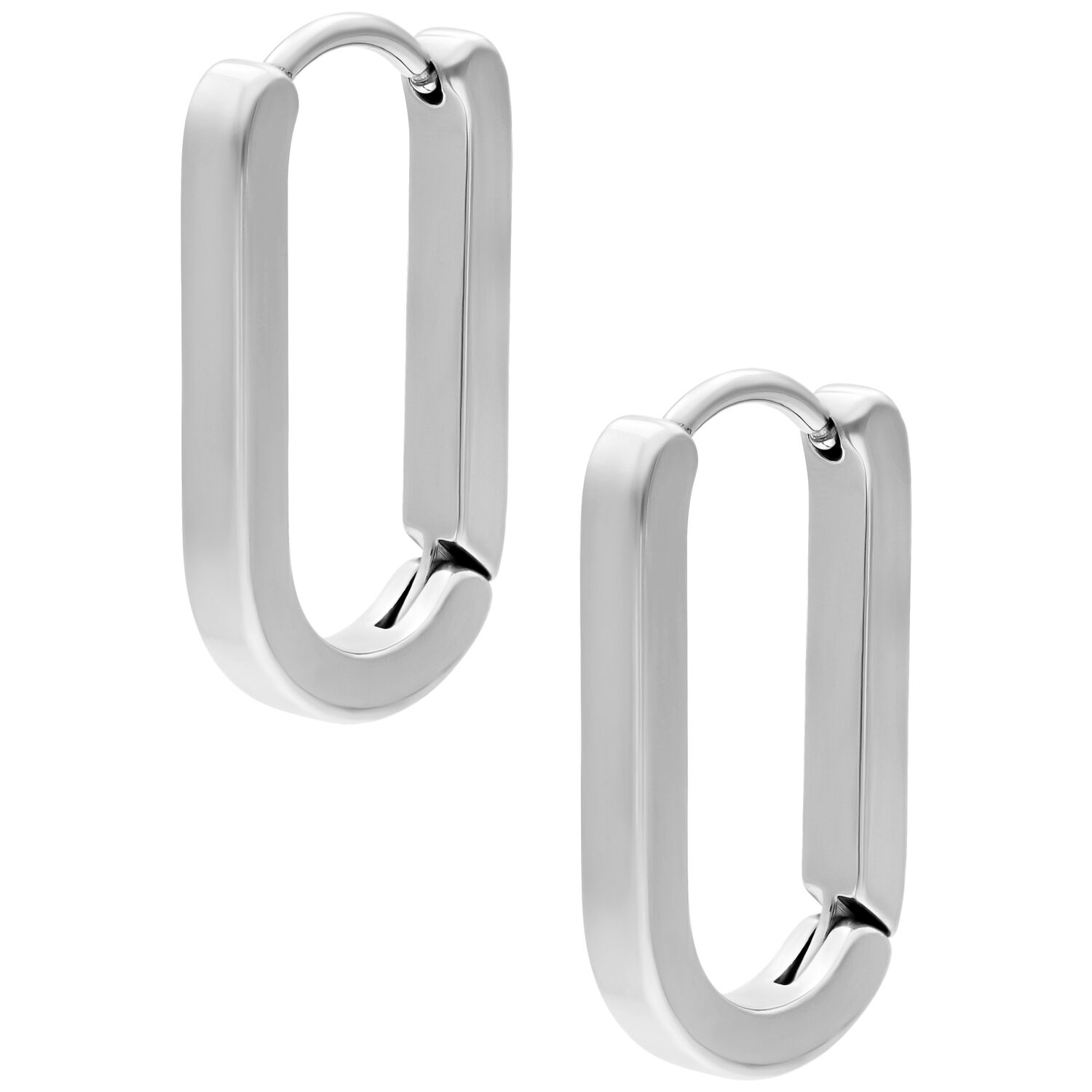 Créoles ovales en acier inoxydable argenté Deux créoles ovales brillantes en acier inoxydable argenté sur fond blanc
