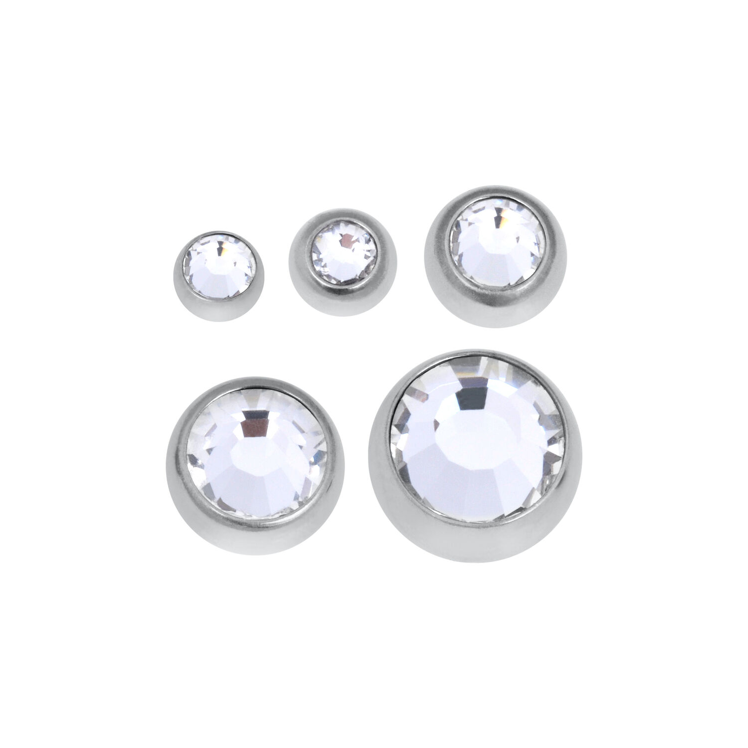 Boule en strass en titane en or blanc Cinq boules en strass brillantes de différentes tailles sur fond blanc