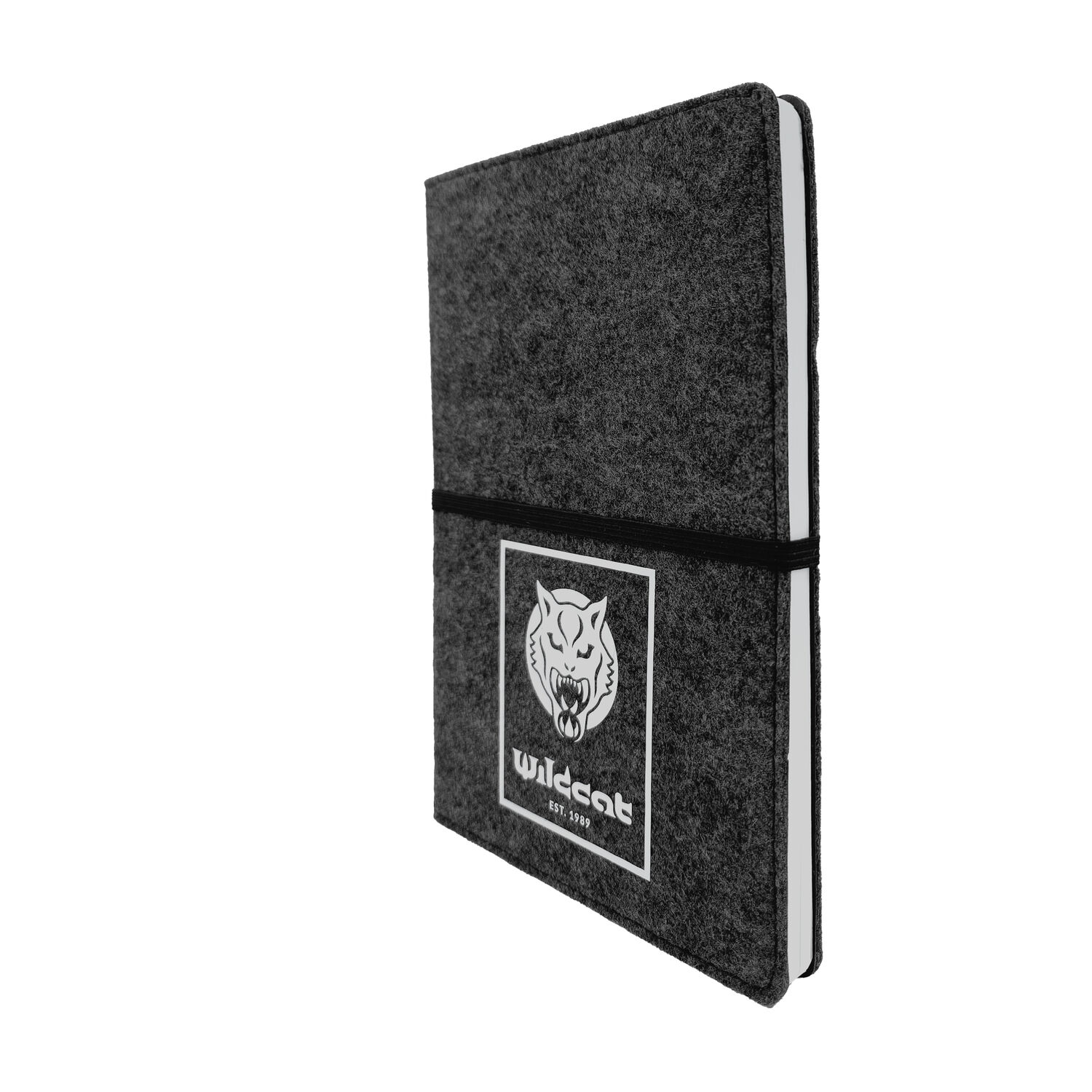 Carnet Wildcat avec couverture en feutre Carnet Wildcat gris avec couverture en feutre et élastique sur fond blanc