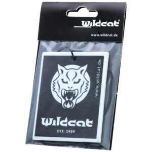 Désodorisant noir Wildcat avec logo de loup, emballé dans un film transparent