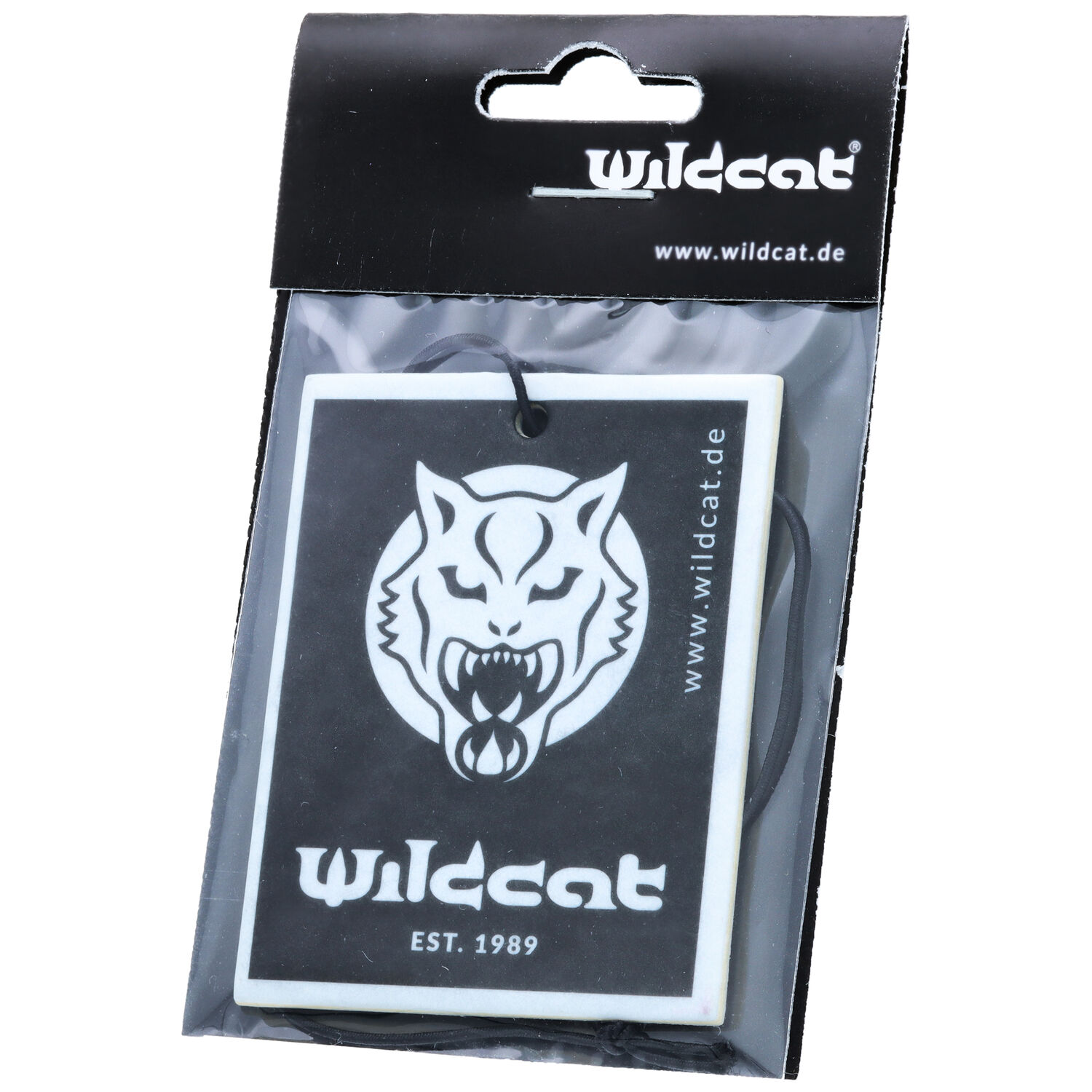 Désodorisant à voiture Wildcat au design classique Désodorisant noir Wildcat avec logo de loup, emballé dans un film transparent