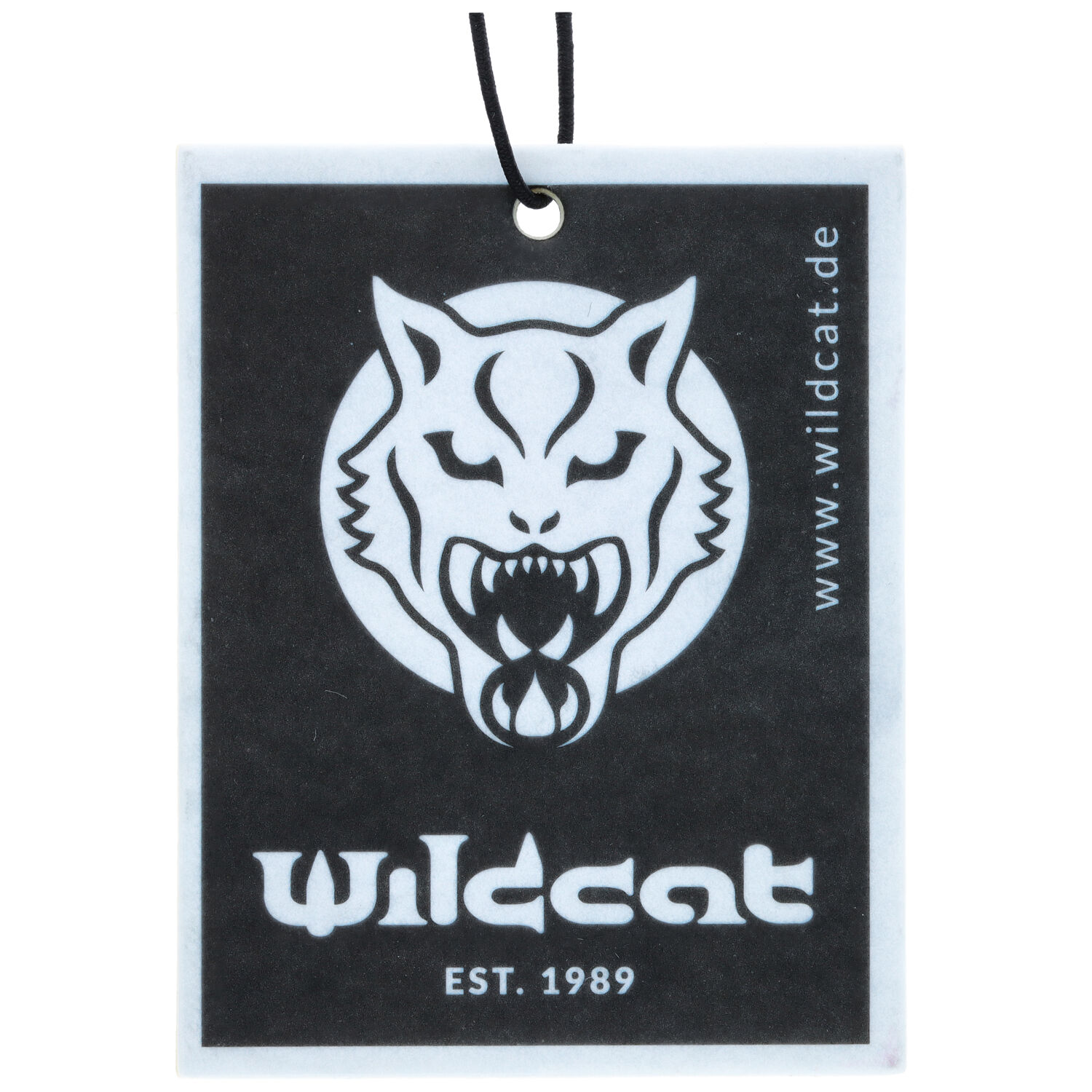 Wildcat parfum de voiture en noir et blanc Parfum de voiture rectangulaire Wildcat avec logo de chat sauvage noir sur fond blanc