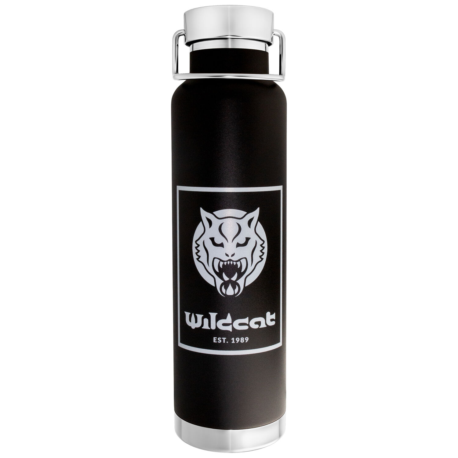 Bouteille Isotherme à Vide Wildcat Noire Bouteille isotherme à vide noire avec logo Wildcat sur fond blanc