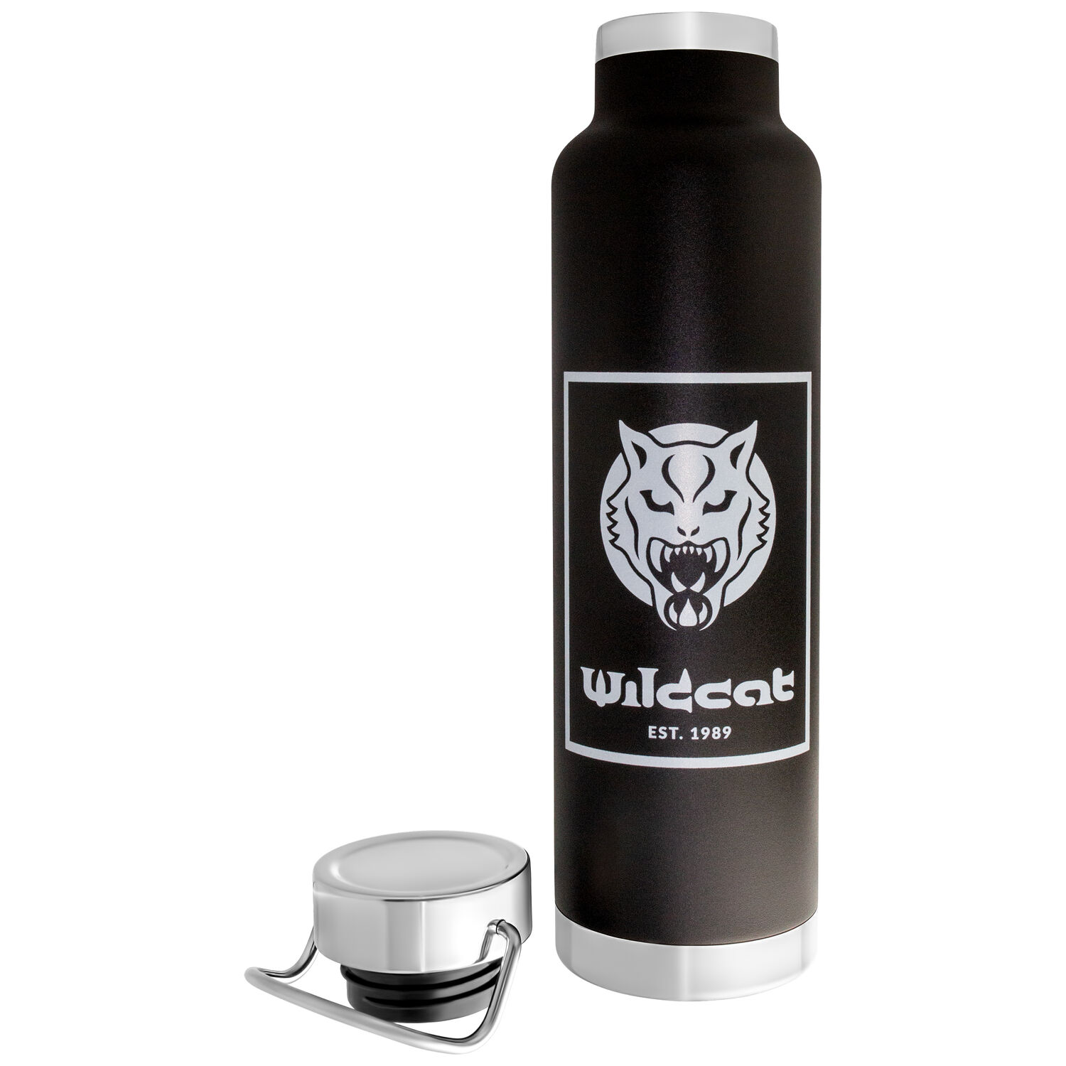 Bouteille Isotherme Noire Wildcat Bouteille isotherme noire avec logo Wildcat sur fond blanc
