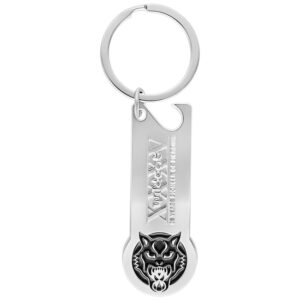 Porte-clés argenté avec logo Wildcat et décapsuleur sur fond blanc