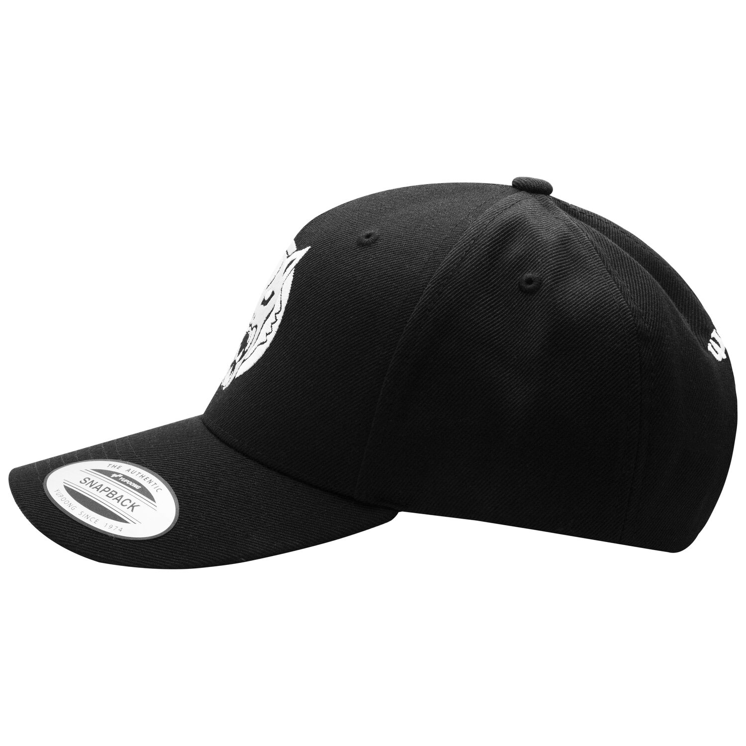 Casquette Snapback Wildcat noire en polyacrylique Casquette Snapback noire avec logo Wildcat, vue de côté sur fond blanc