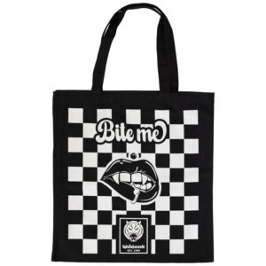 Sac en coton noir avec motif damier blanc et inscription 'Bite Me'