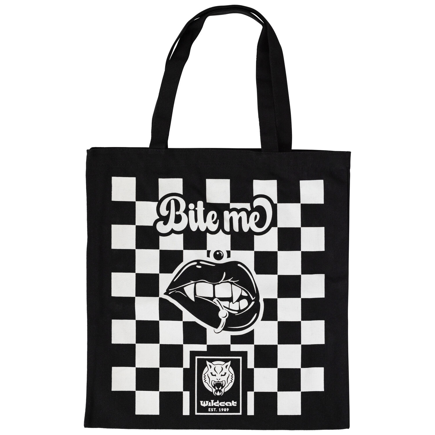Sac en coton noir Wildcat avec imprimé Sac en coton noir avec motif damier blanc et inscription 'Bite Me'