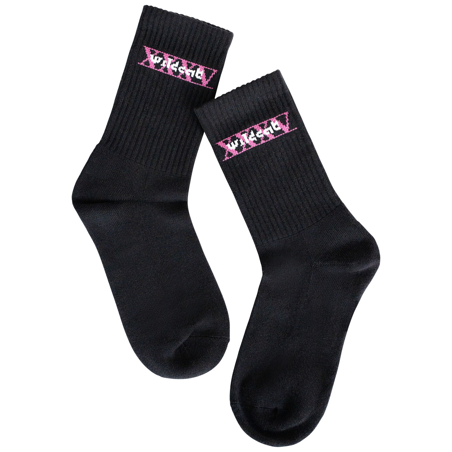 Chaussettes Noires Wild XXXV, Taille 36-40 Chaussettes noires avec logo Wildcat rose sur fond blanc, taille 36-40