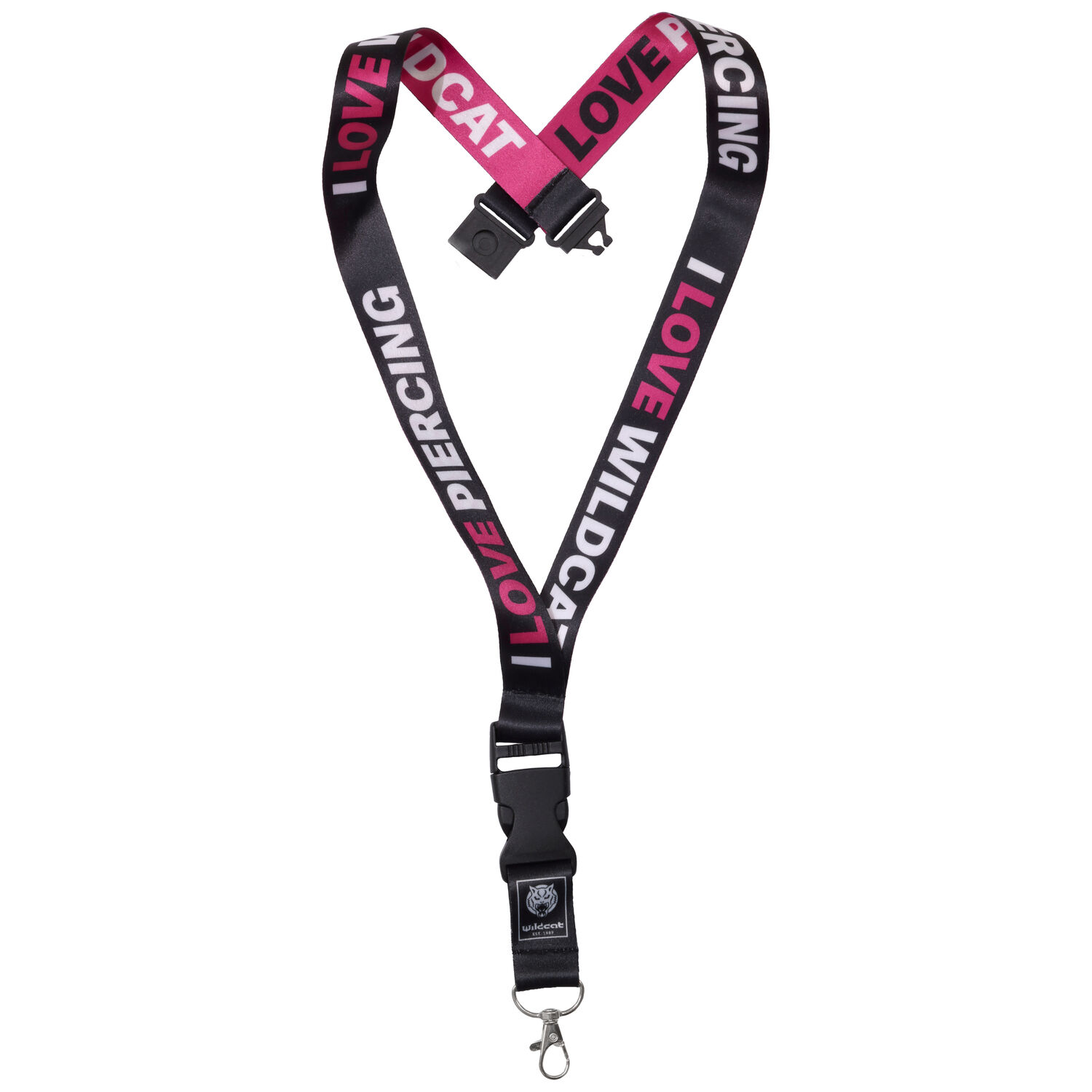 Lanière noire Wildcat avec inscription Lanière noire avec texte rose et blanc 'I LOVE PIERCING' et 'I LOVE WILDCAT' sur fond blanc