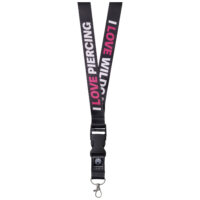 Lanière noire avec texte I LOVE PIERCING Lanière noire avec texte I LOVE PIERCING en blanc et rose, crochet en métal