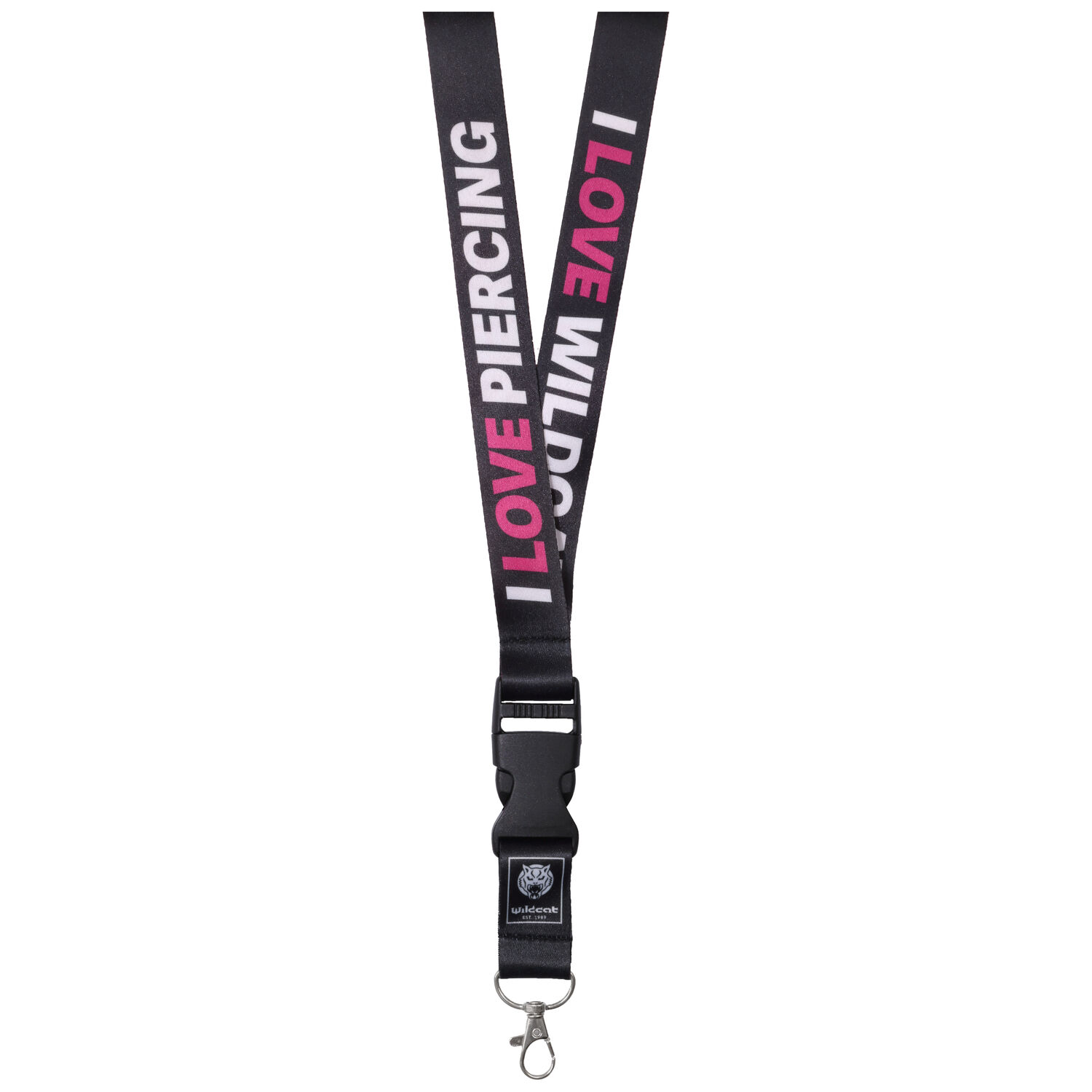 Lanière noire avec texte I LOVE PIERCING Lanière noire avec texte I LOVE PIERCING en blanc et rose, crochet en métal