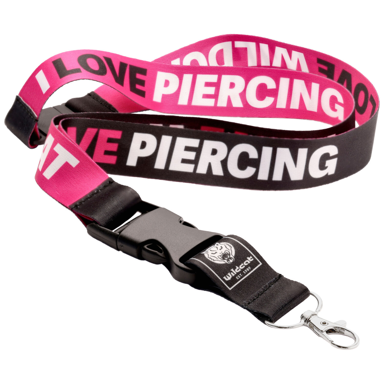 Wildcat Lanyard J'AIME LE PIERCING Lanyard Wildcat rose et noir avec l'inscription 'J'AIME LE PIERCING' et clip en métal