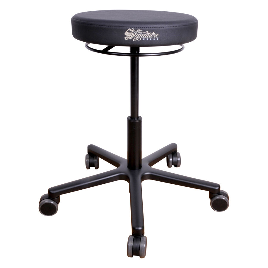 Tabouret de travail rond R1 Pro noir avec siège en similicuir et structure en aluminium sur fond blanc