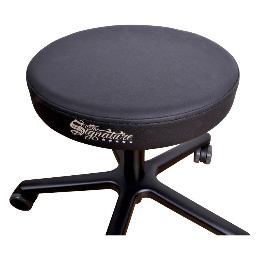 Tabouret de travail rond noir avec coussin en simili cuir sur pied en aluminium