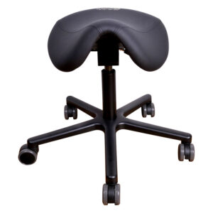 Chaise de travail T2 Pro noire avec siège en selle et base en aluminium sur fond blanc