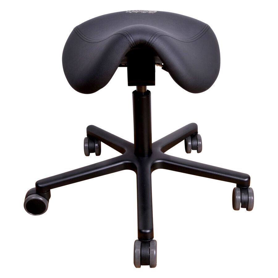 Chaise de travail T2 Pro noire en simili cuir Chaise de travail T2 Pro noire avec siège en selle et base en aluminium sur fond blanc