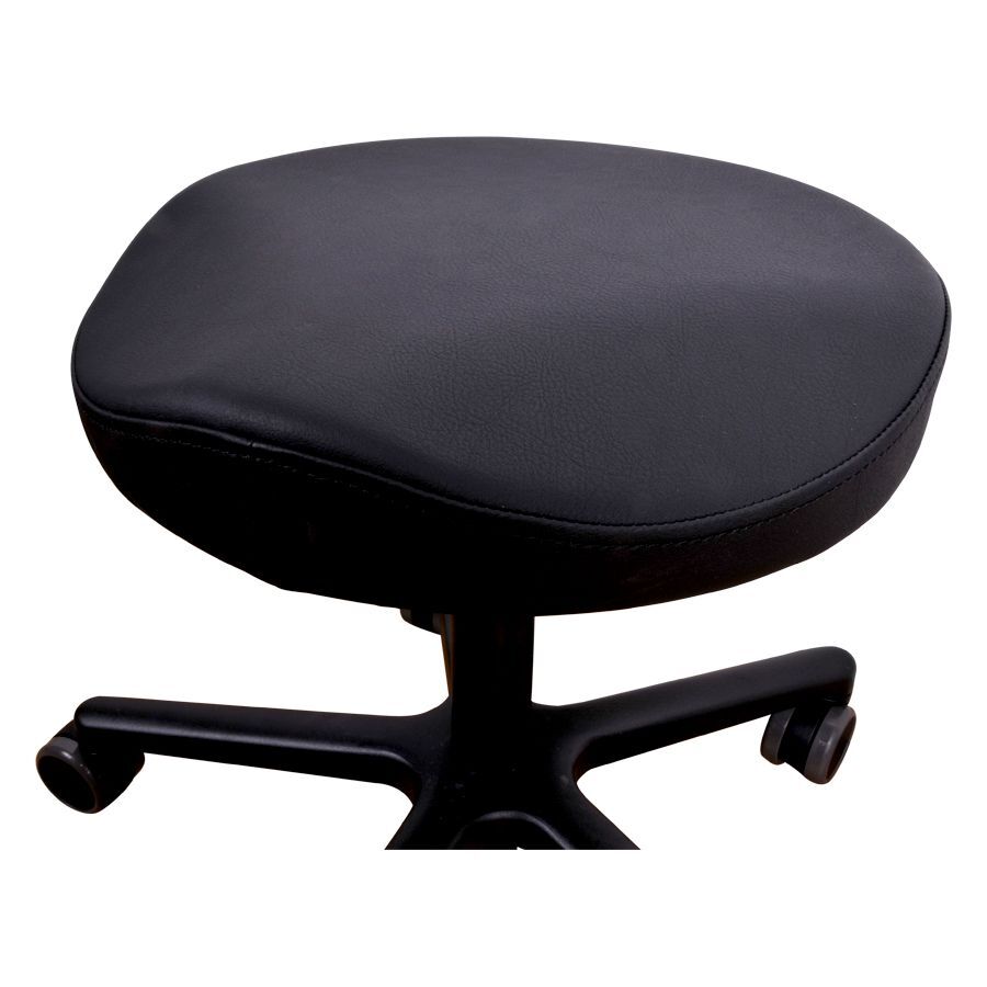 Chaise de travail ronde R2 Pro en noir Chaise de travail ronde noire avec revêtement en similicuir et cadre en aluminium sur fond blanc
