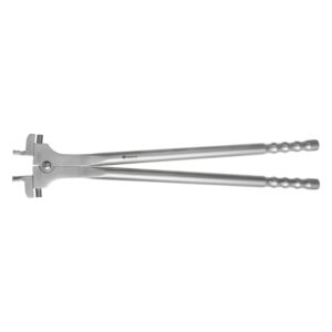 Ouvre-anneaux en acier inoxydable argenté sur fond blanc, long manche