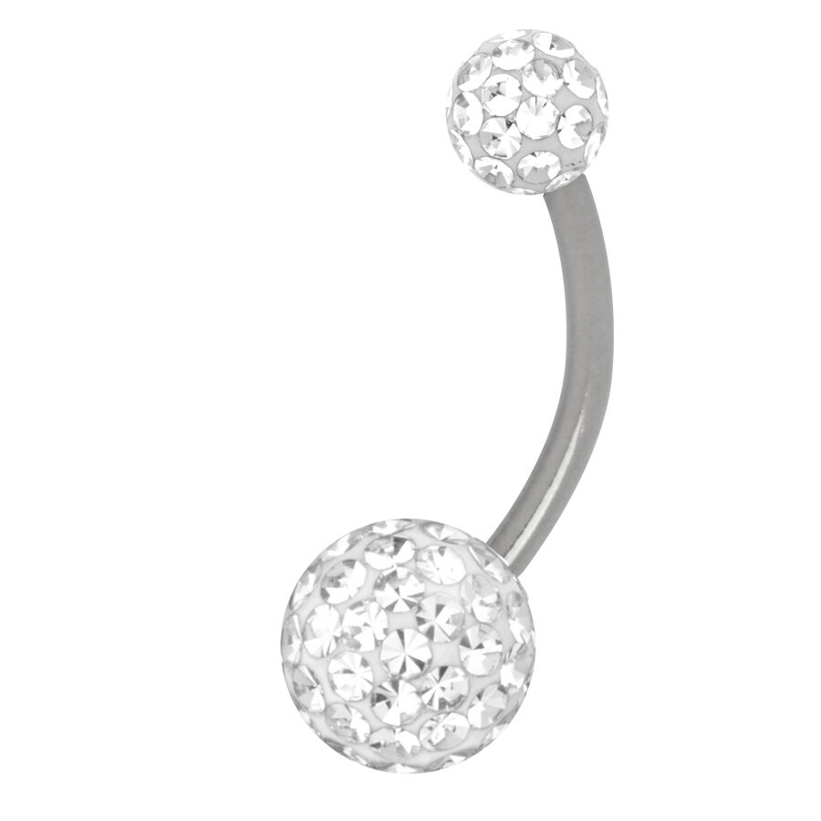 Bananabell en titane avec multi-pierres scellées Piercing bananabell argenté avec pierres cristallines sur fond blanc