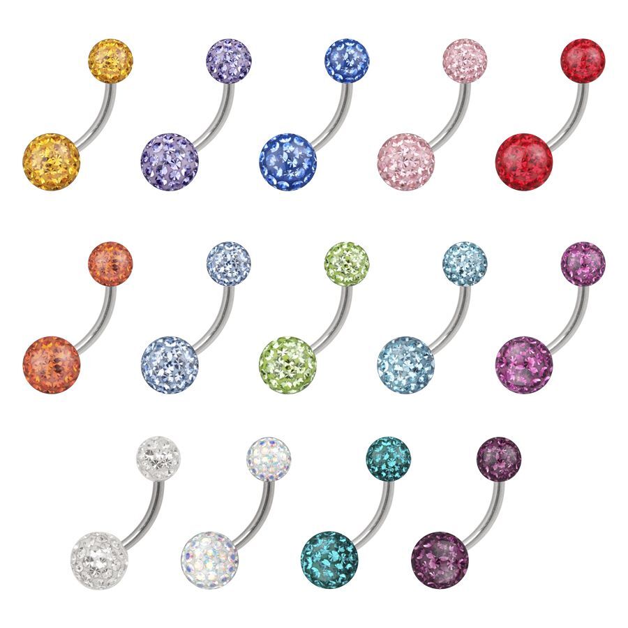 Banane de nombril avec cristaux en couleurs vives Piercings de nombril en titane avec des boules de cristal colorées et scintillantes sur fond blanc