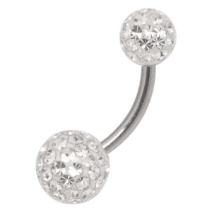 Piercing banane en argent avec des pierres cristallines sur fond blanc
