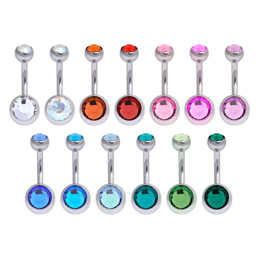 Piercing nombril avec double cristal en différentes couleurs sur fond blanc