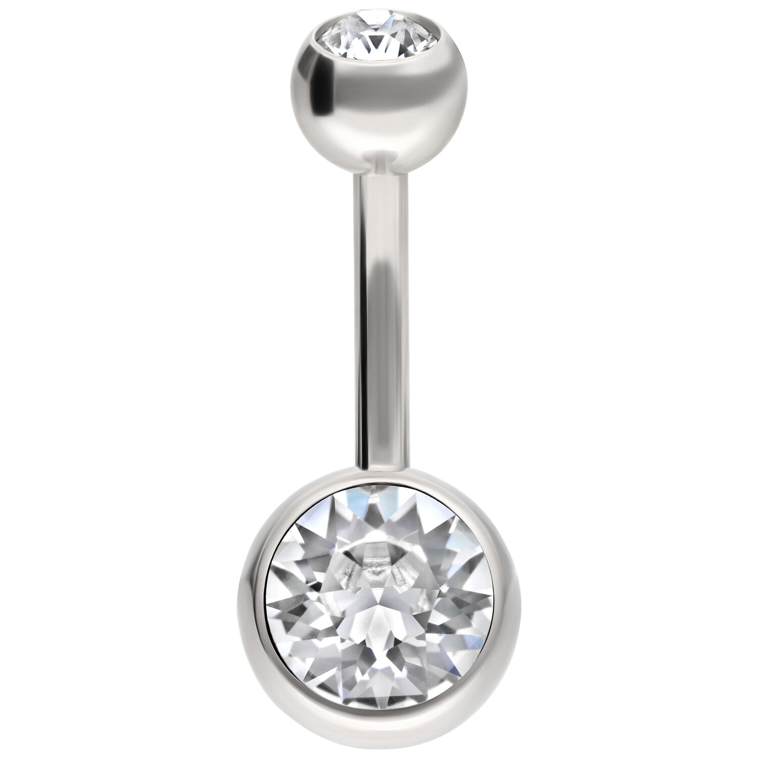 Piercing nombril en titane argenté avec cristaux clairs sur fond blanc