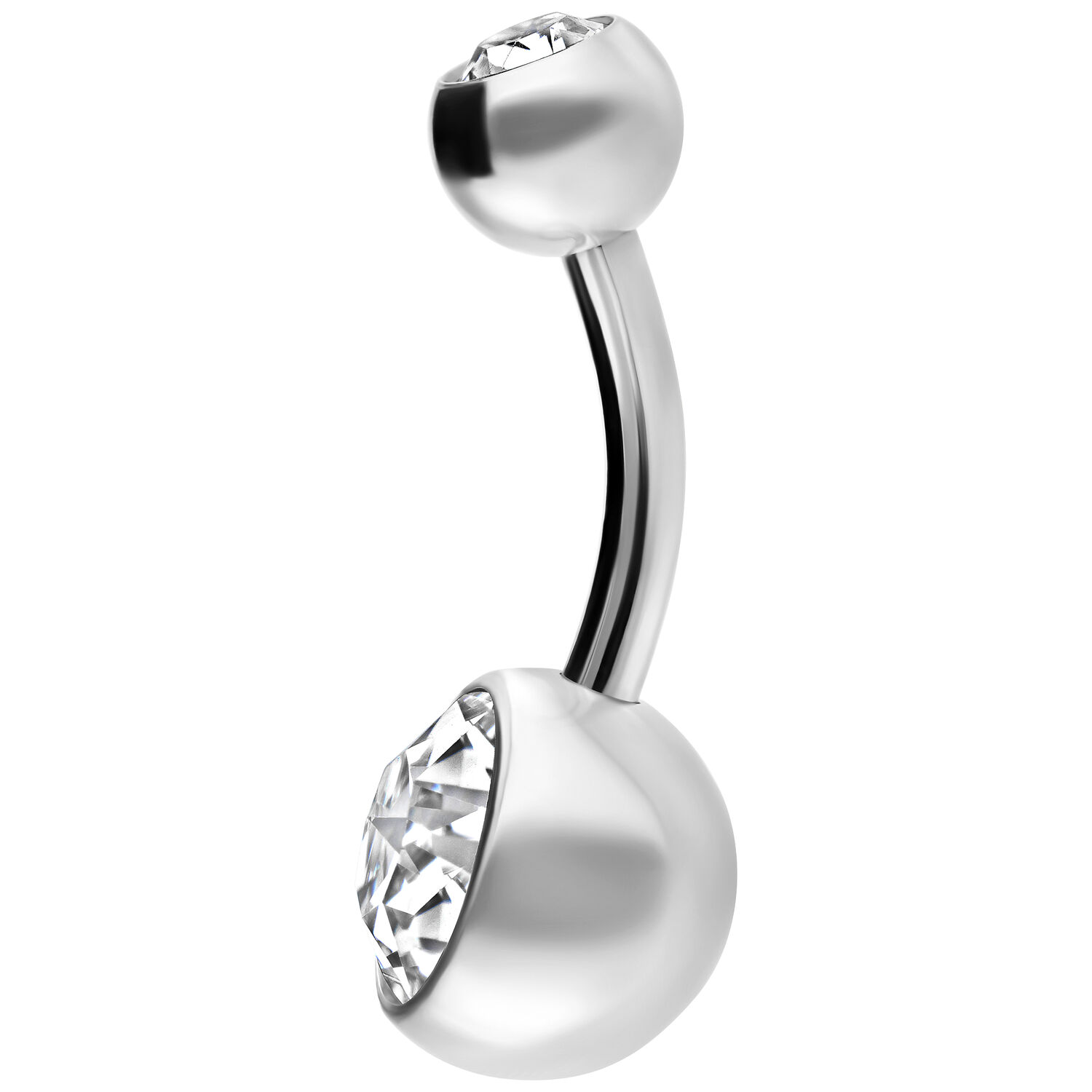 Piercing de nombril en titane argenté avec deux cristaux clairs sur fond blanc
