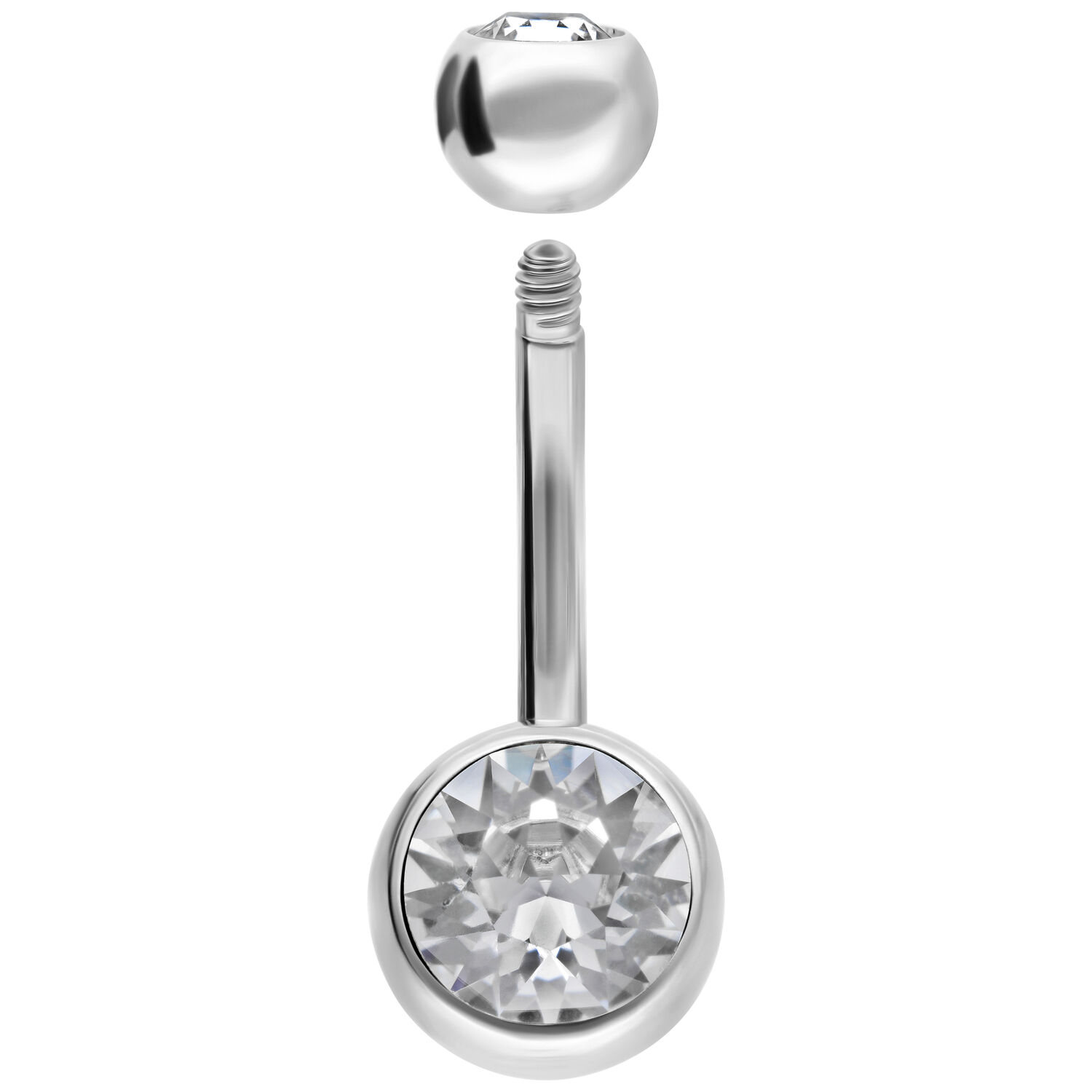 Piercing Bananabell en argent avec deux cristaux clairs sur fond blanc