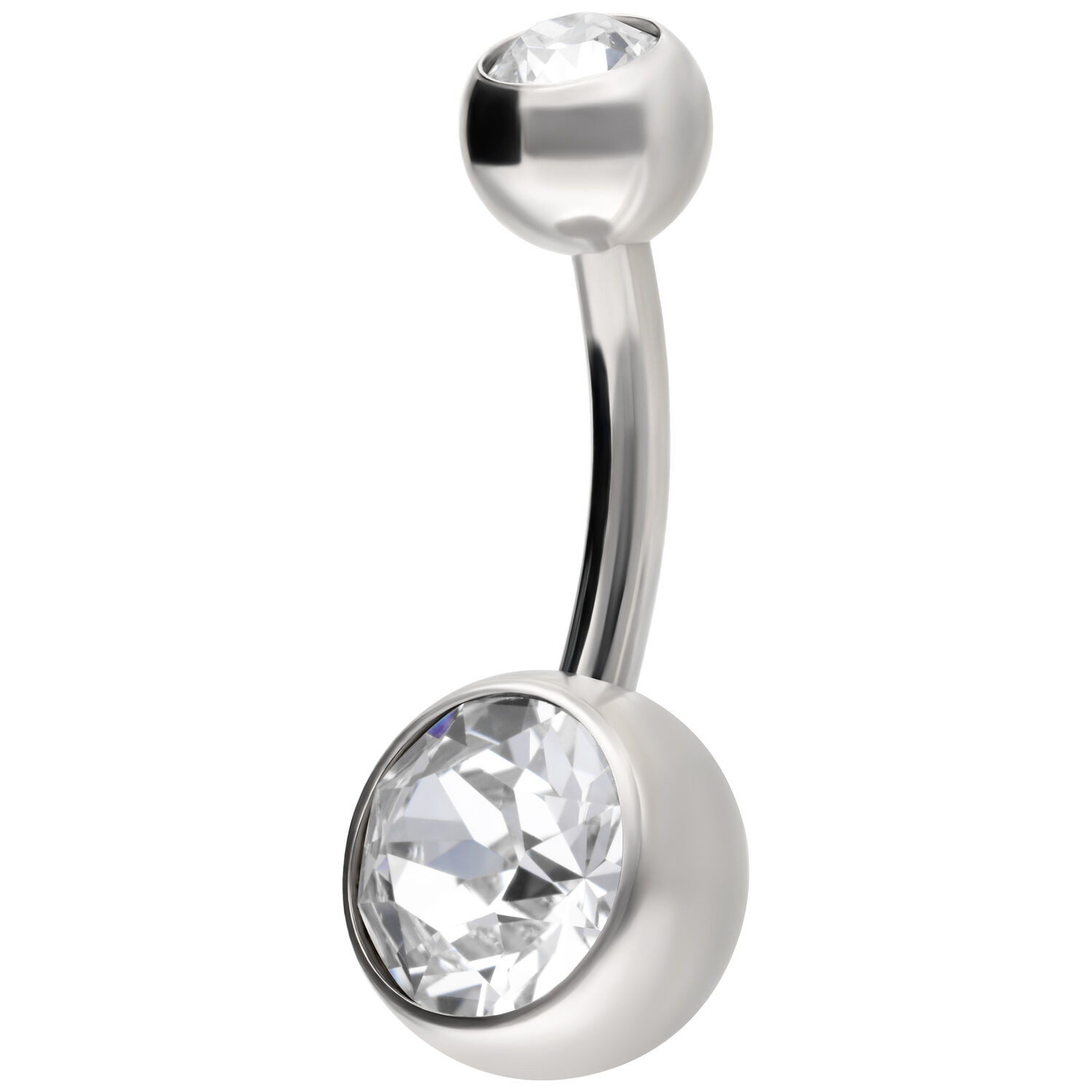 Piercing nombril en titane brillant avec deux cristaux clairs
