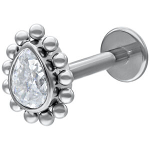 Labret en or blanc avec cristal en forme de goutte sur fond blanc