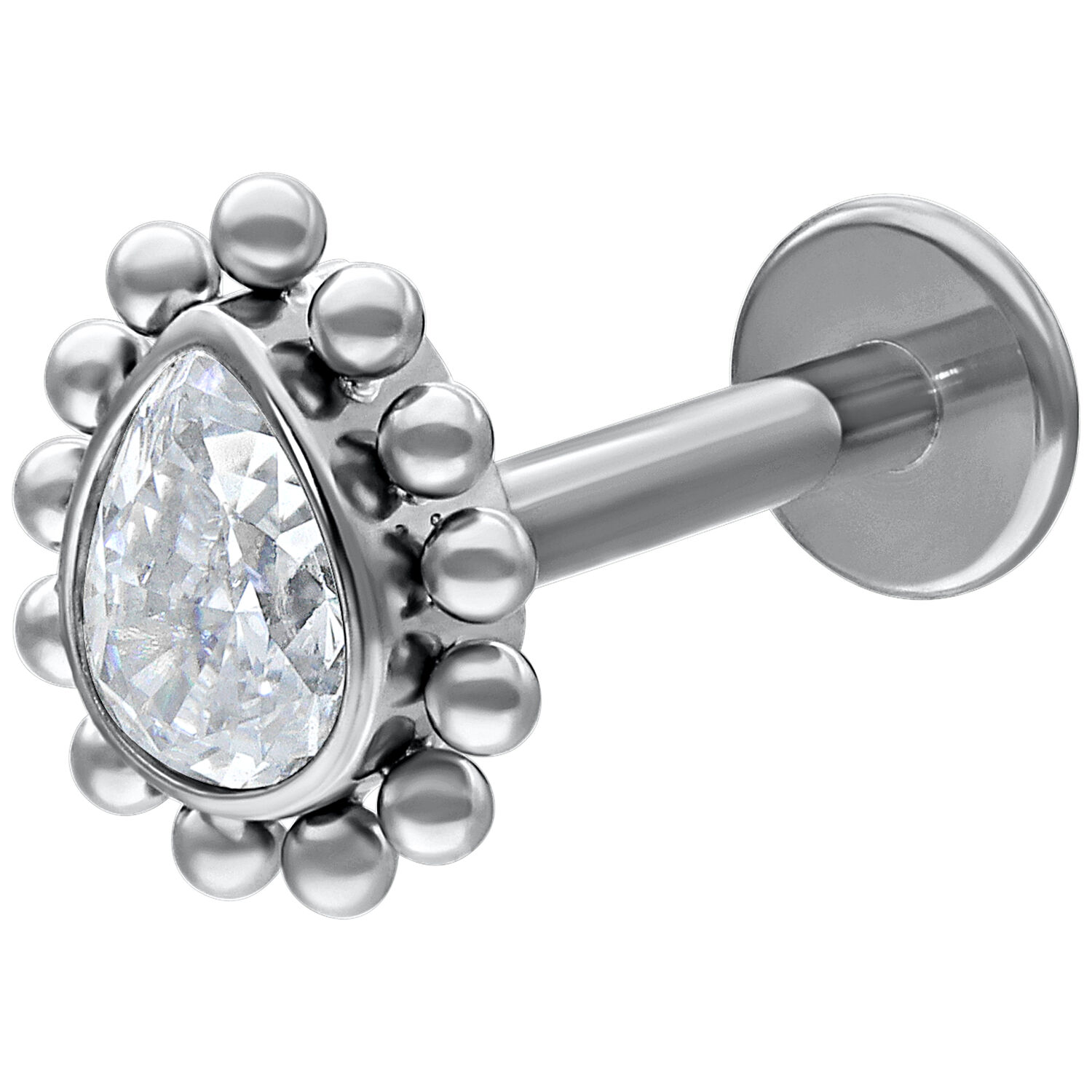 Labret en or blanc avec cristal en forme de goutte sur fond blanc