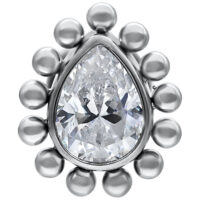 Labret push-fit en or blanc avec goutte cristalline sur fond blanc