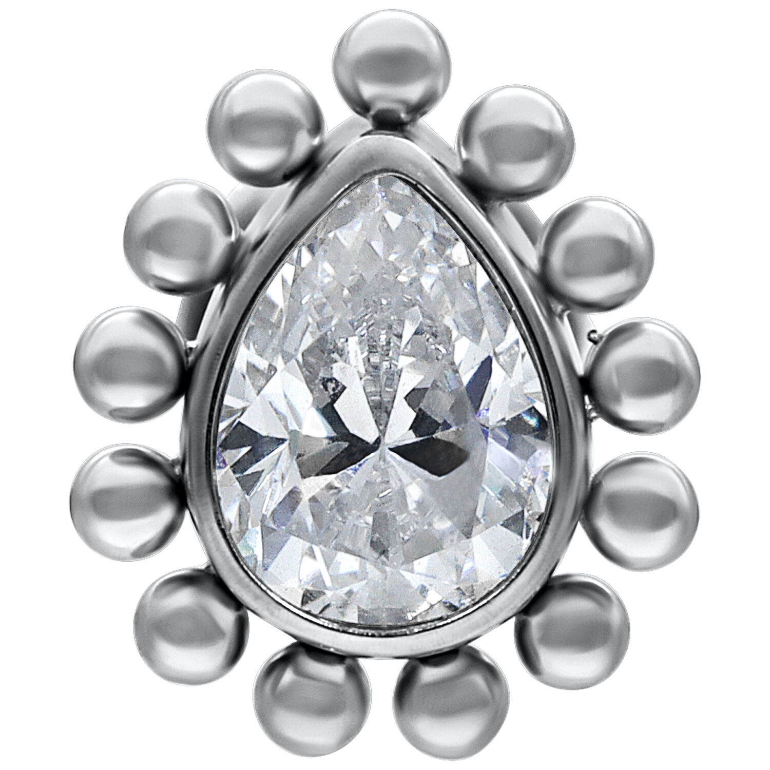 Labret push-fit en or blanc avec goutte cristalline sur fond blanc