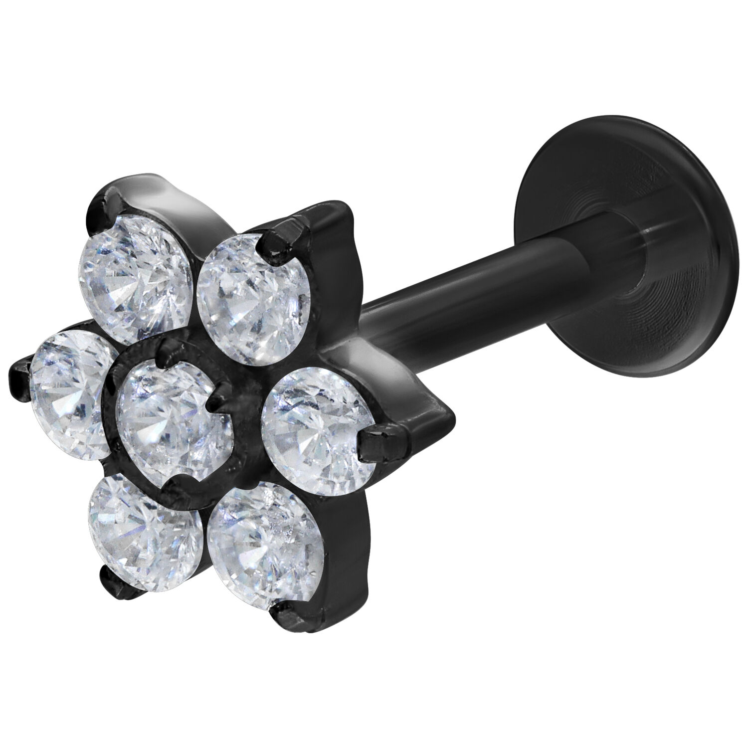 Labret noir avec pierres fleuries cristallines sur fond blanc
