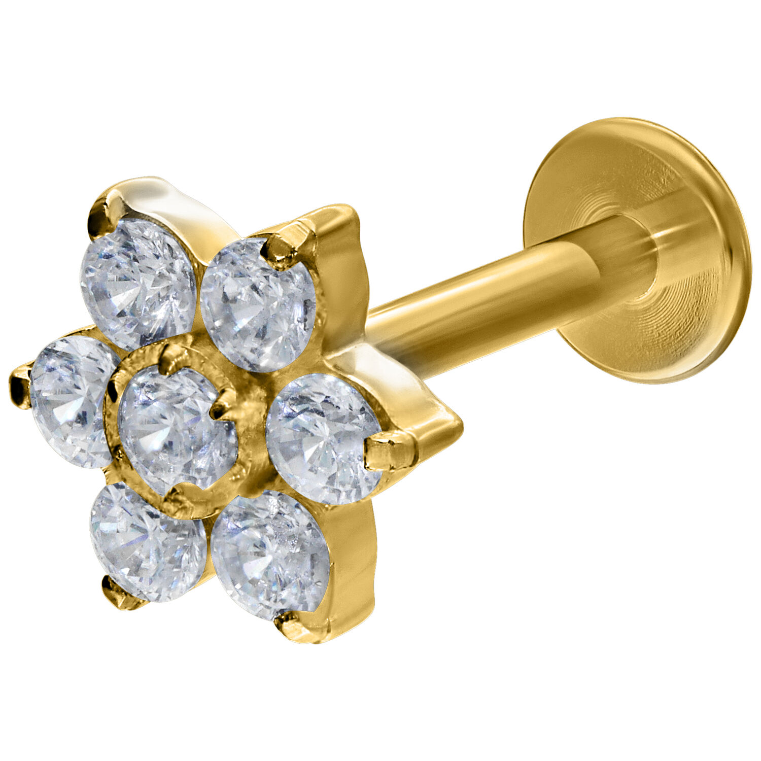 Labret doré avec cristaux en forme de fleur sur fond blanc
