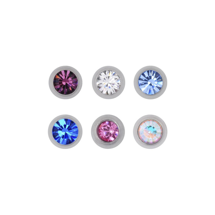 Embout de piercing Titan Highline avec cristaux Six embouts de piercing en titane avec des cristaux clairs, bleus, roses et multicolores sur fond blanc
