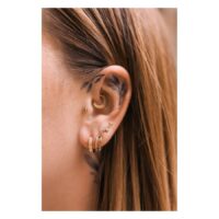 Clicker Rivet doré porté à l'oreille Oreille avec plusieurs piercings en or, y compris un Clicker Rivet, sur fond clair