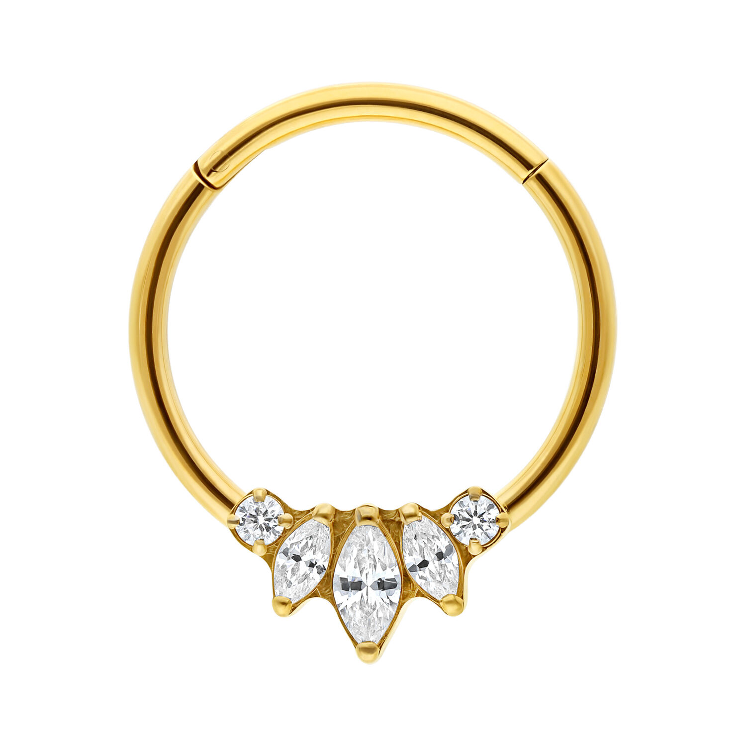Clicker Sunburst doré avec zirconia Anneau Clicker en titane doré avec cinq zirconias clairs sur fond blanc