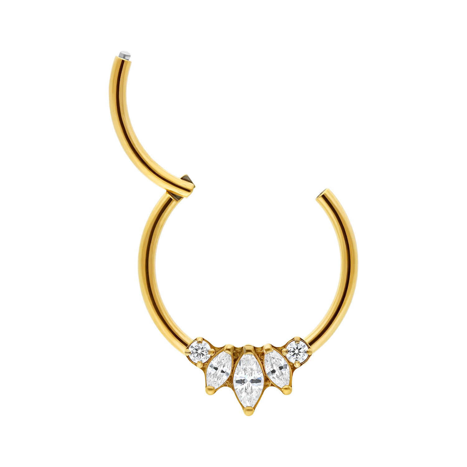Clicker Sunburst doré avec zircone Clicker en titane doré avec cinq zircones claires sur fond blanc