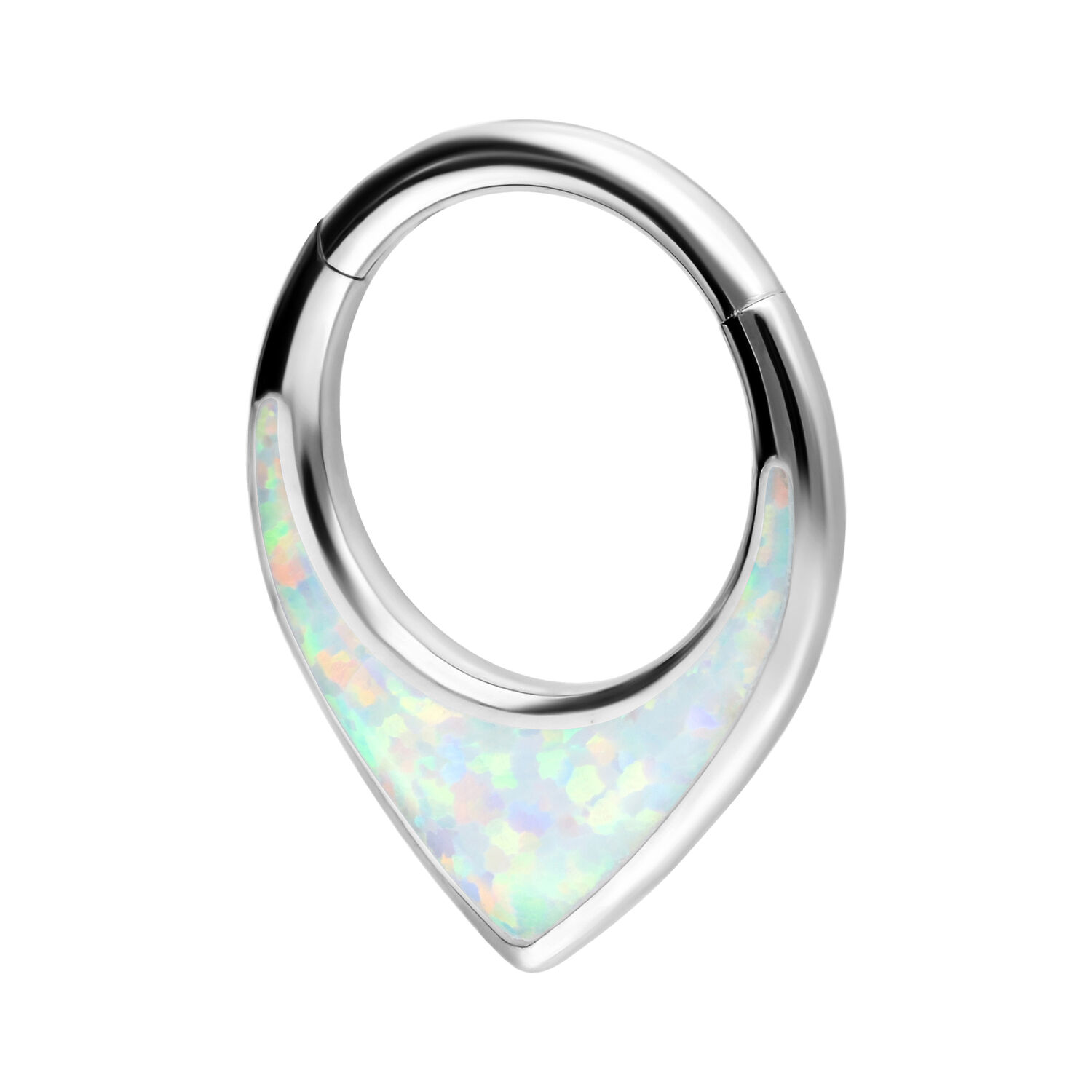 Clicker de Septum Chunky en Opale en Titane Argenté Clicker de septum en titane argenté avec cristaux opalisants sur fond blanc