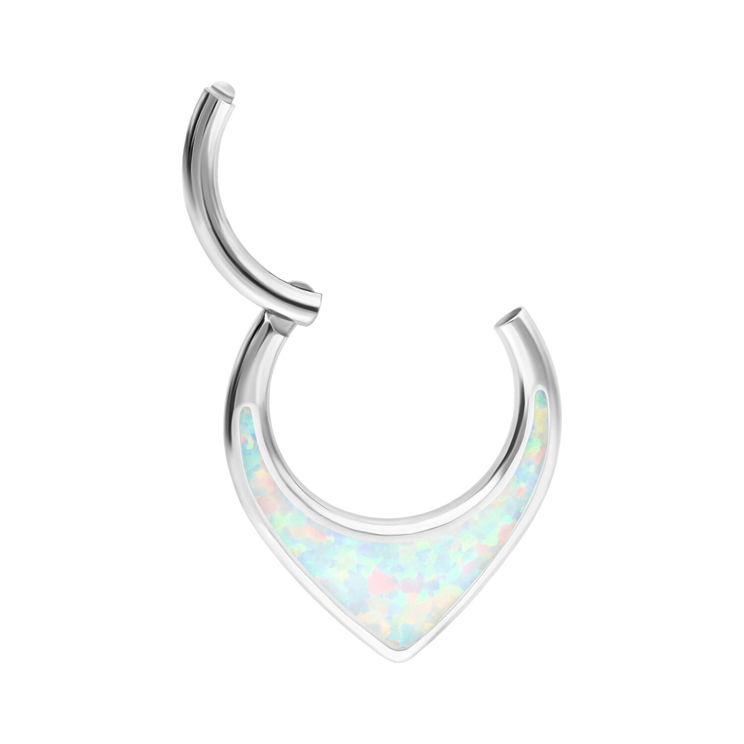 Chunky Opal Septum Clicker en argent Septum Clicker en argent avec opale synthétique blanche sur fond blanc