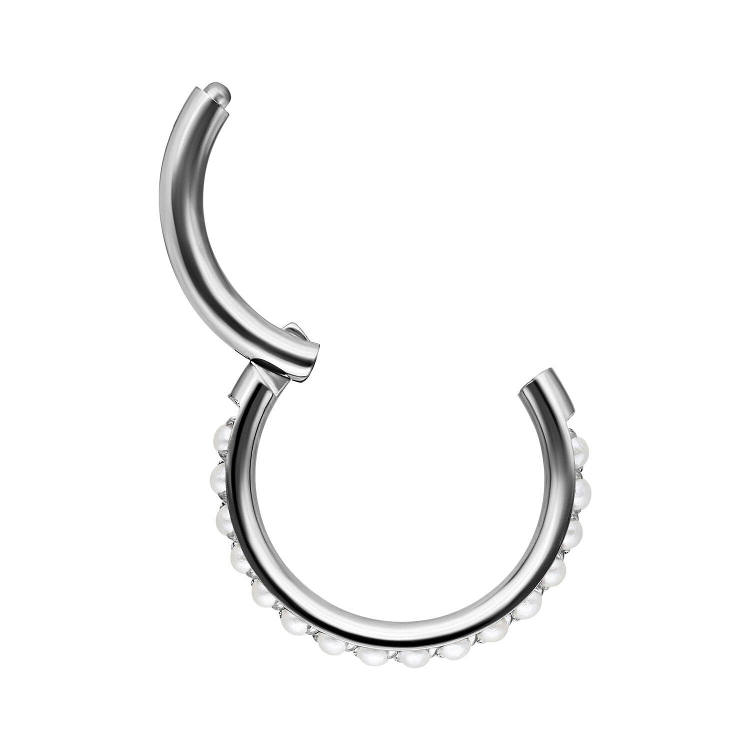 Clicker Pearl argenté avec un diamètre intérieur de 6,0 mm sur fond blanc