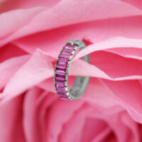 Clicker argenté avec cristaux rouges, 8 mm Anneau de piercing argenté avec cristaux baguette rouges sur fond de fleurs roses